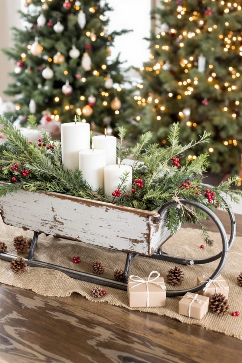 31 Cozy Rustic Decor Ideas for a Warm Xmas 12 vintage sleigh centerpiece with evergreen sprigs and pillar candles 1