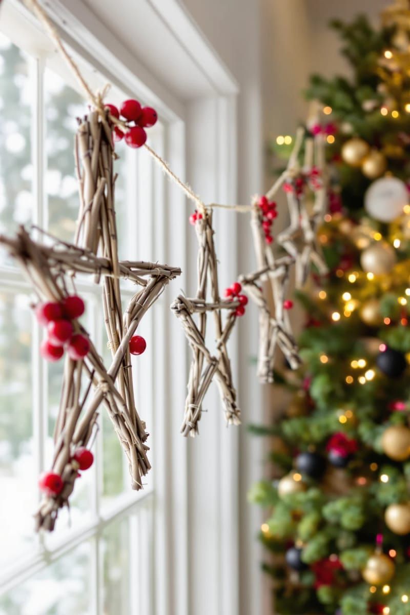 31 Cozy Rustic Decor Ideas for a Warm Xmas 65 rustic twig star garland with red berries strung across a window 1