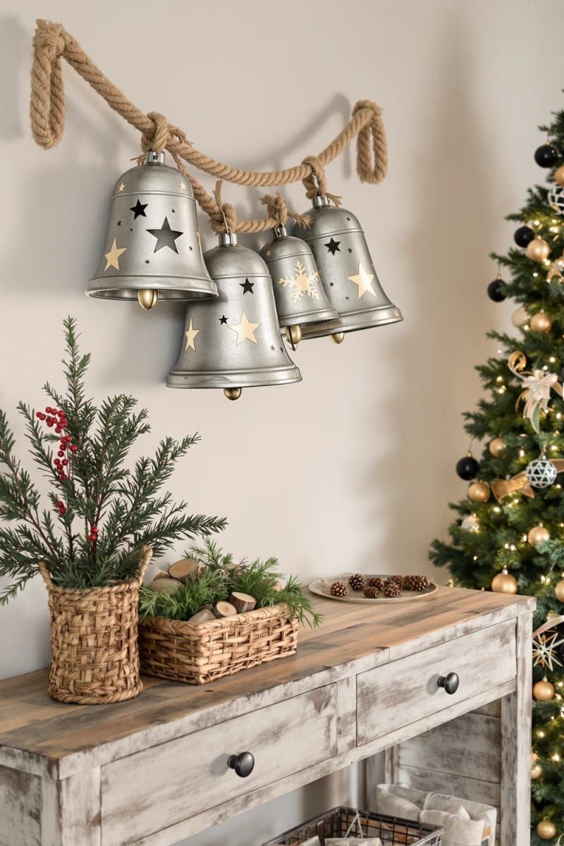 31 Cozy Rustic Decor Ideas for a Warm Xmas 60 oversized jingle bells strung above a reclaimed wood entry table 1
