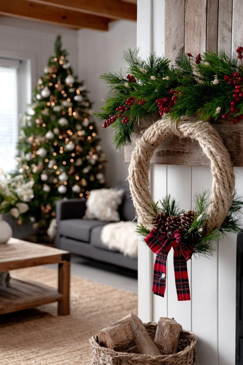 31 Cozy Rustic Decor Ideas for a Warm Xmas 50 rope-wrapped hoop wreath with cedar, pinecones, and tartan ribbon 1