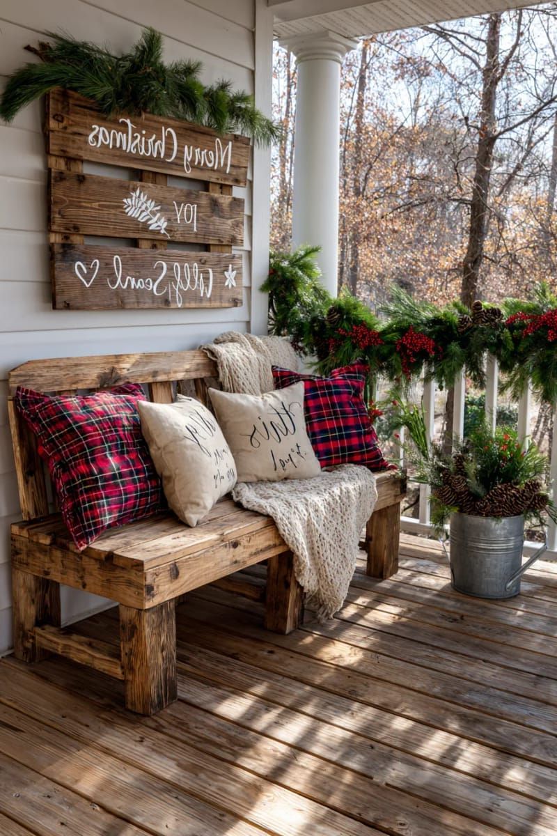 31 Cozy Rustic Decor Ideas for a Warm Xmas 25 rustic pallet sign with hand-lettered christmas quotes above entry bench 1