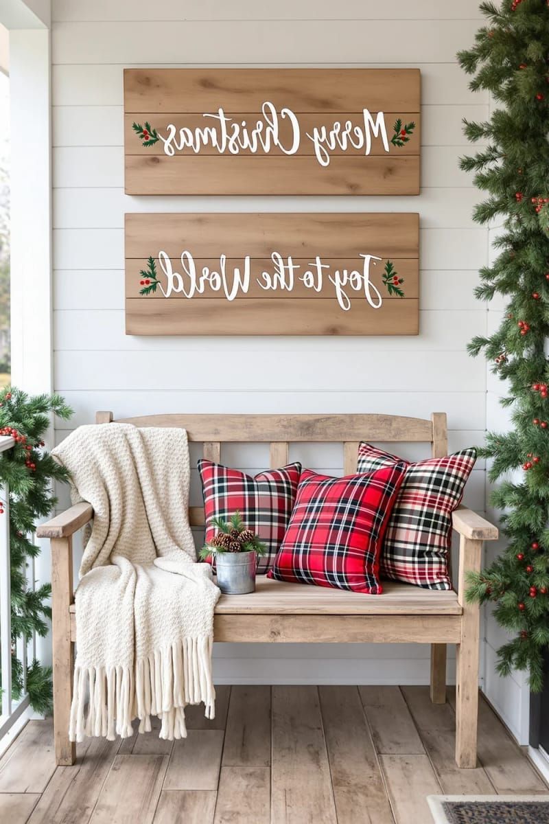 31 Cozy Rustic Decor Ideas for a Warm Xmas 24 rustic pallet sign with hand-lettered christmas quotes above entry bench 1