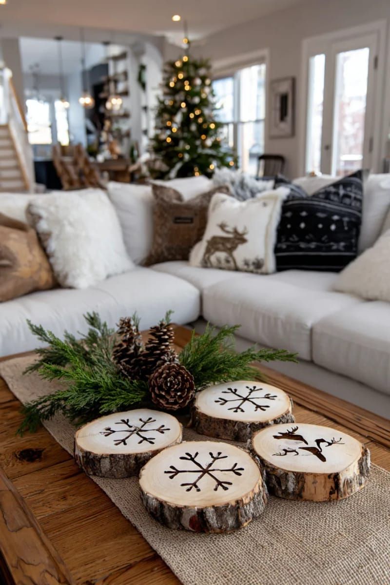 31 Cozy Rustic Decor Ideas for a Warm Xmas 79 natural wood slice coasters stamped with snowflake and reindeer motifs 1