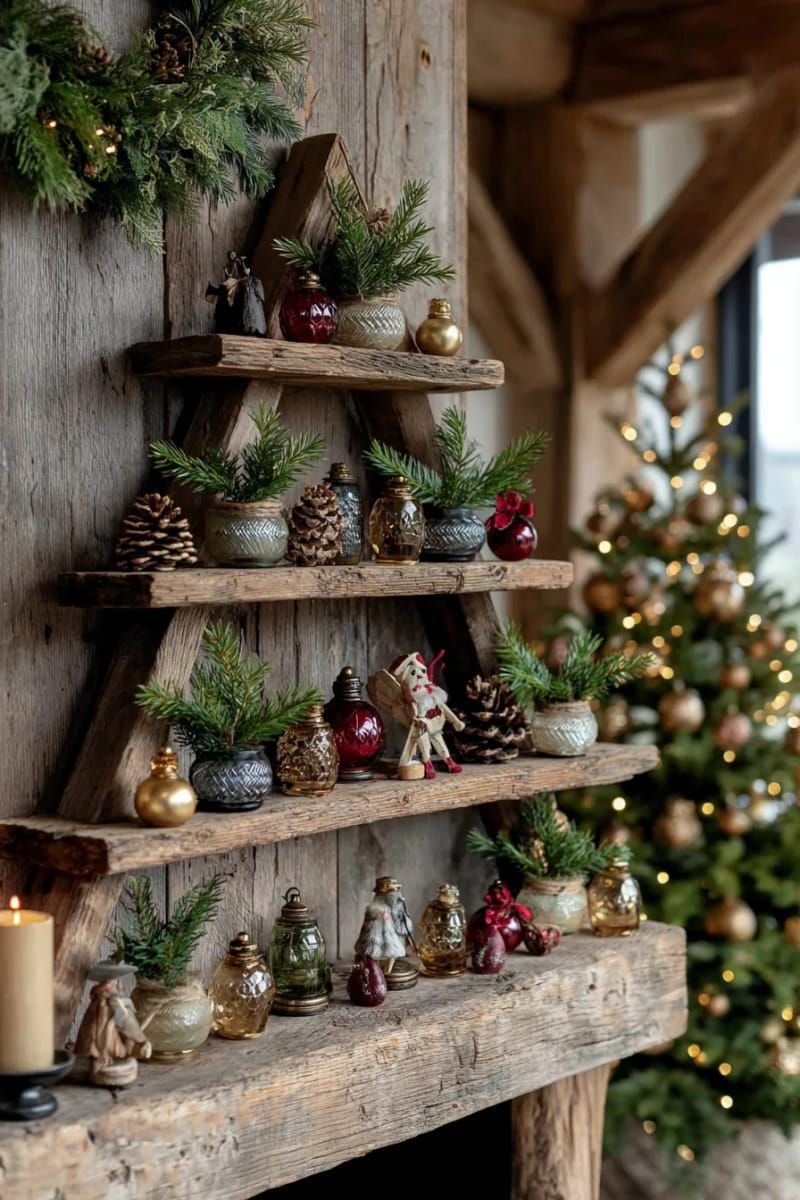 31 Cozy Rustic Decor Ideas for a Warm Xmas 42 tree-shaped shelf display with tiny vintage ornaments and pine sprigs 1