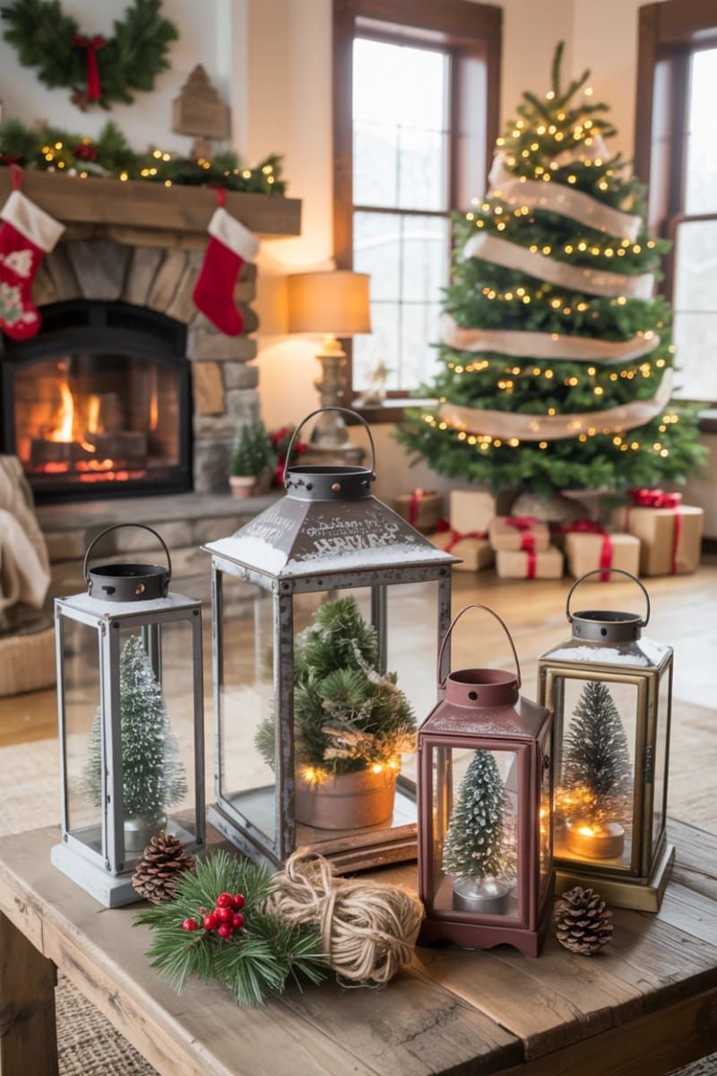 31 Cozy Rustic Decor Ideas for a Warm Xmas 28 farmhouse lanterns filled with mini pine trees and faux snow 1