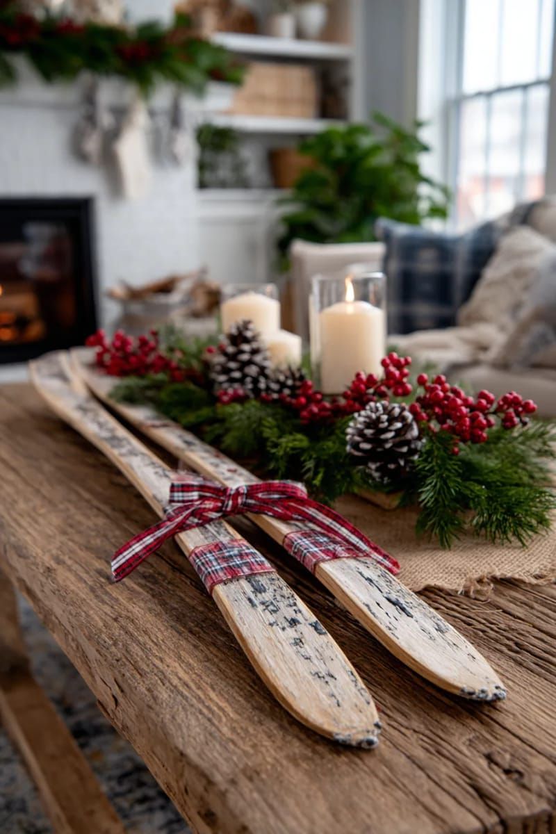 31 Cozy Rustic Decor Ideas for a Warm Xmas 36 mini wooden skis crossed and tied with ribbon for a nostalgic touch 1
