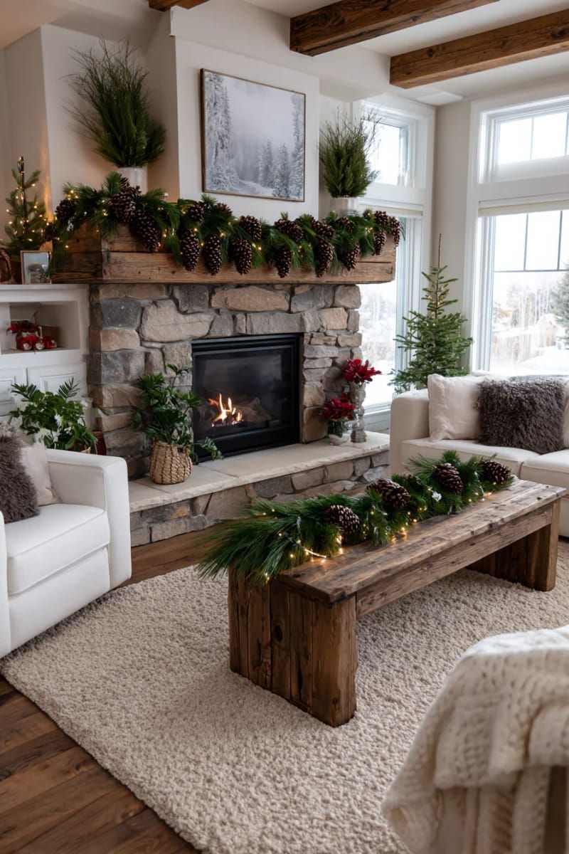 31 Cozy Rustic Decor Ideas for a Warm Xmas 5 pinecone garlands draped across a barnwood mantel with twinkling fairy lights 1