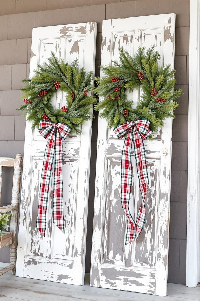 31 Cozy Rustic Decor Ideas for a Warm Xmas 69 repurposed wood shutters adorned with festive wreath and plaid ribbon 1