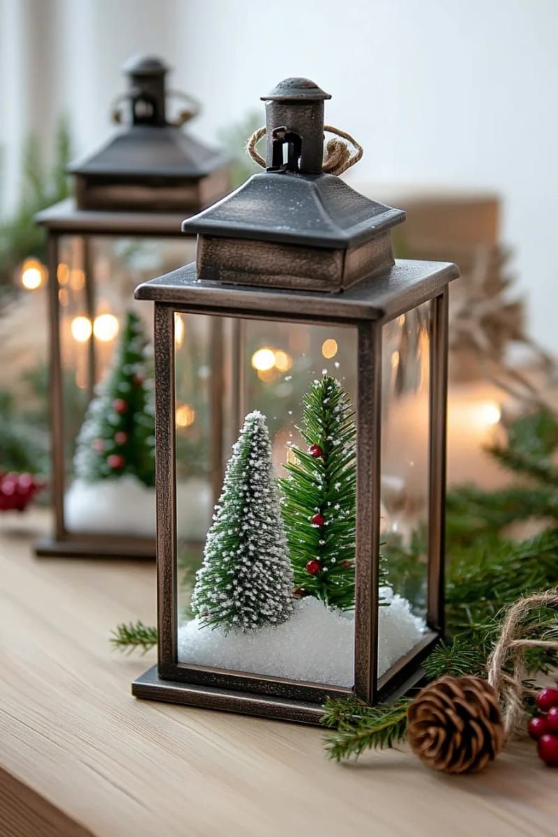 31 Cozy Rustic Decor Ideas for a Warm Xmas 26 farmhouse lanterns filled with mini pine trees and faux snow 1