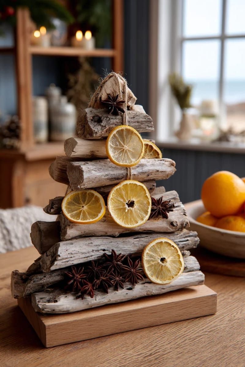 31 Cozy Rustic Decor Ideas for a Warm Xmas 52 driftwood christmas tree decorated with dried citrus and star anise 1