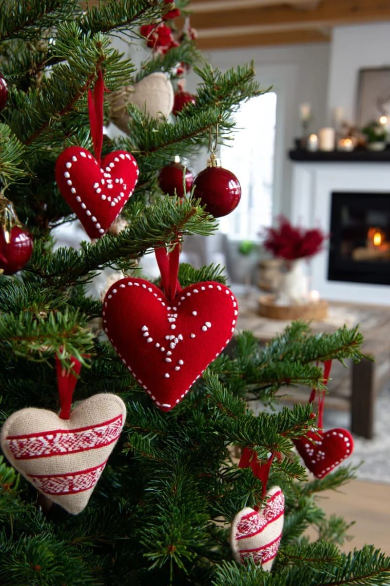Dazzling DIY Xmas Decor: 31 Must-Try Ideas 58 red felt and bead scandinavian heart ornaments 1