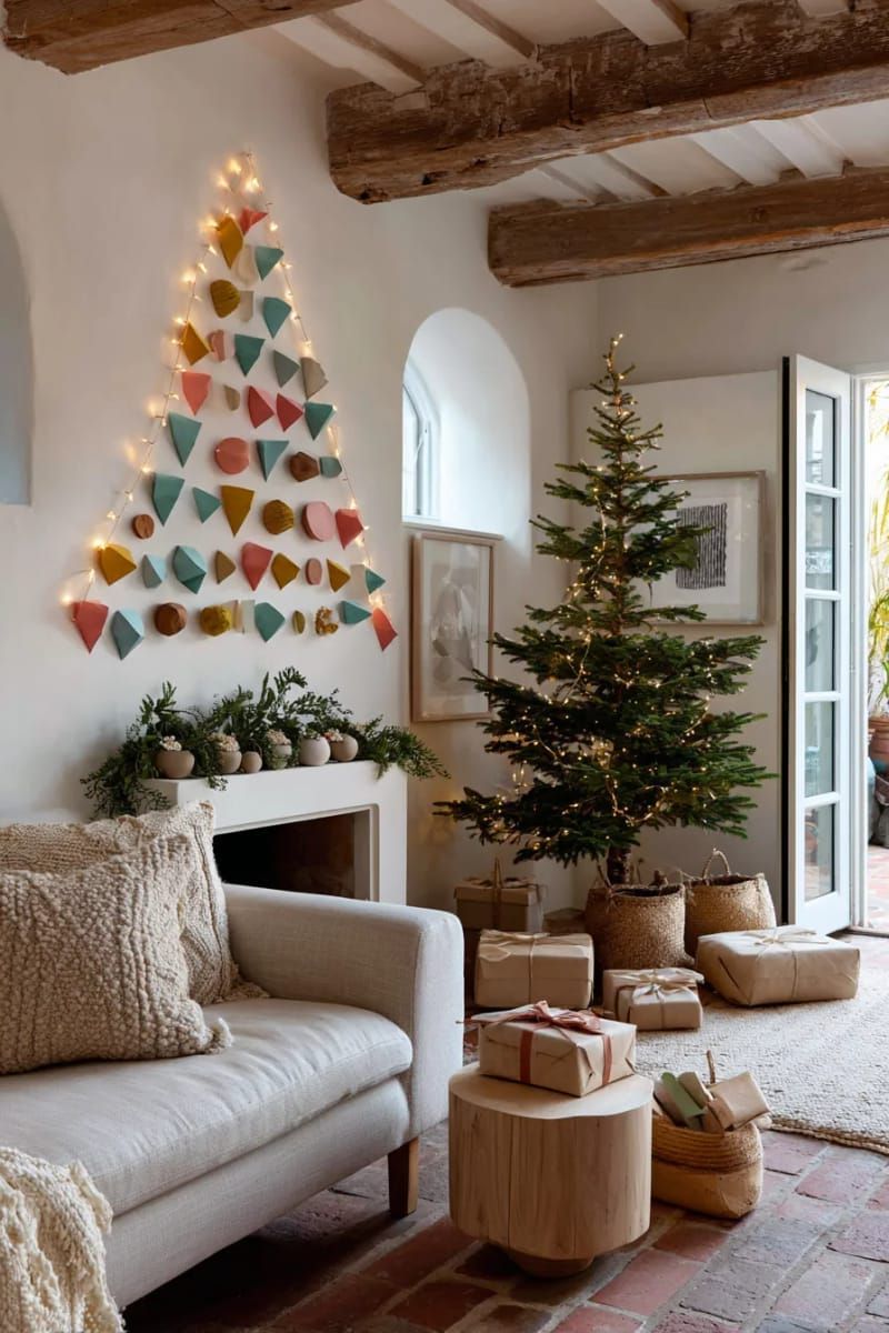 Dazzling DIY Xmas Decor: 31 Must-Try Ideas 4 wall tree with colorful geometric paper ornaments and string lights 1