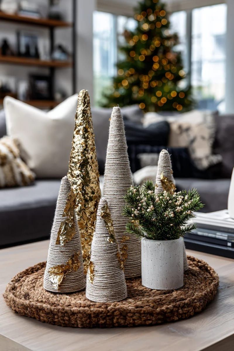 Dazzling DIY Xmas Decor: 31 Must-Try Ideas 42 twine-wrapped cone trees with gold leaf for a modern rustic display 1