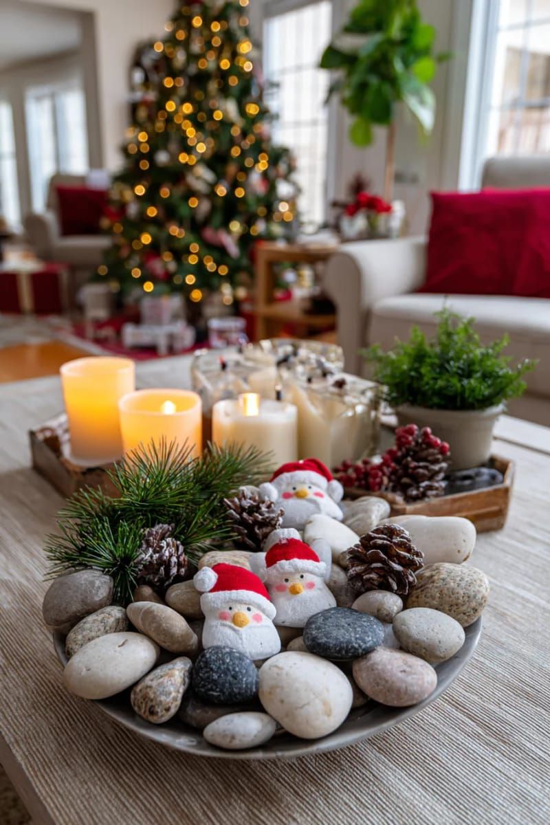 Dazzling DIY Xmas Decor: 31 Must-Try Ideas 13 santa stone faces painted on smooth river rocks for mantel decor 1