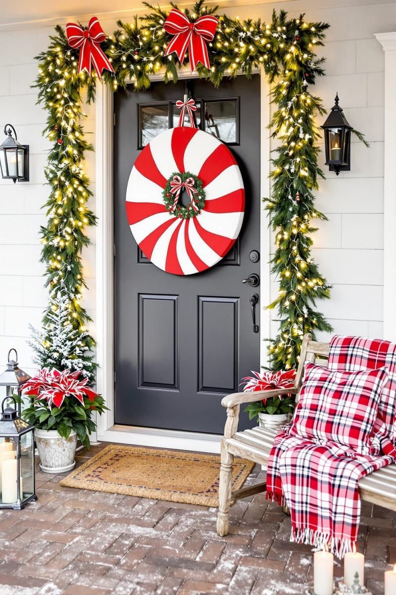 Dazzling DIY Xmas Decor: 31 Must-Try Ideas 3 oversized peppermint swirl door hanger using painted cardboard and ribbon 1