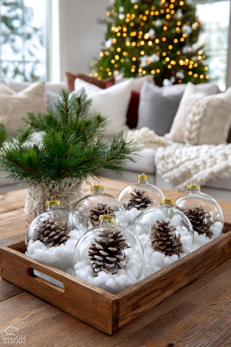 Dazzling DIY Xmas Decor: 31 Must-Try Ideas 26 clear christmas balls filled with faux snow and mini pinecones 1