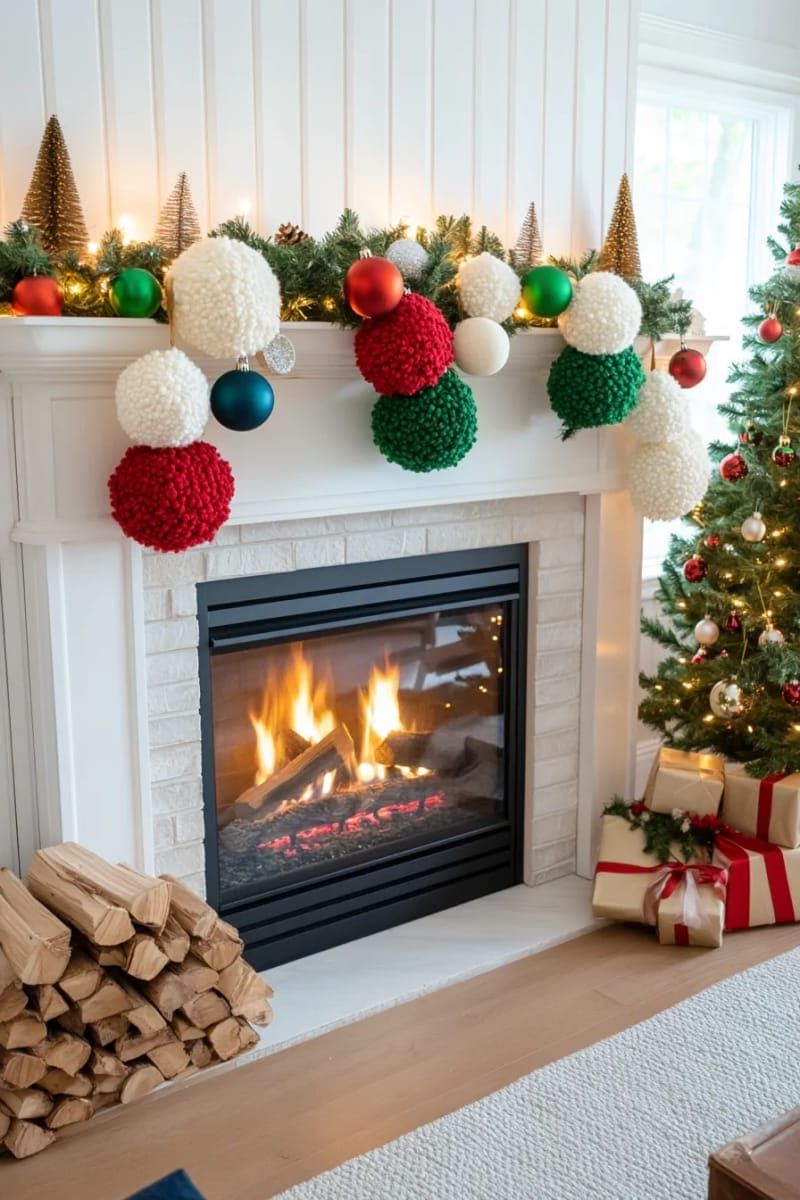 Dazzling DIY Xmas Decor: 31 Must-Try Ideas 51 chunky yarn pom-pom garland for the mantel or tree 1