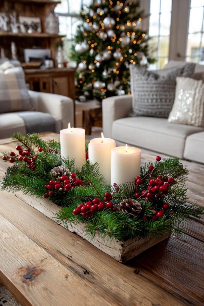 Dazzling DIY Xmas Decor: 31 Must-Try Ideas 61 nature-inspired centerpiece with pine branches, candles, and cranberries 1