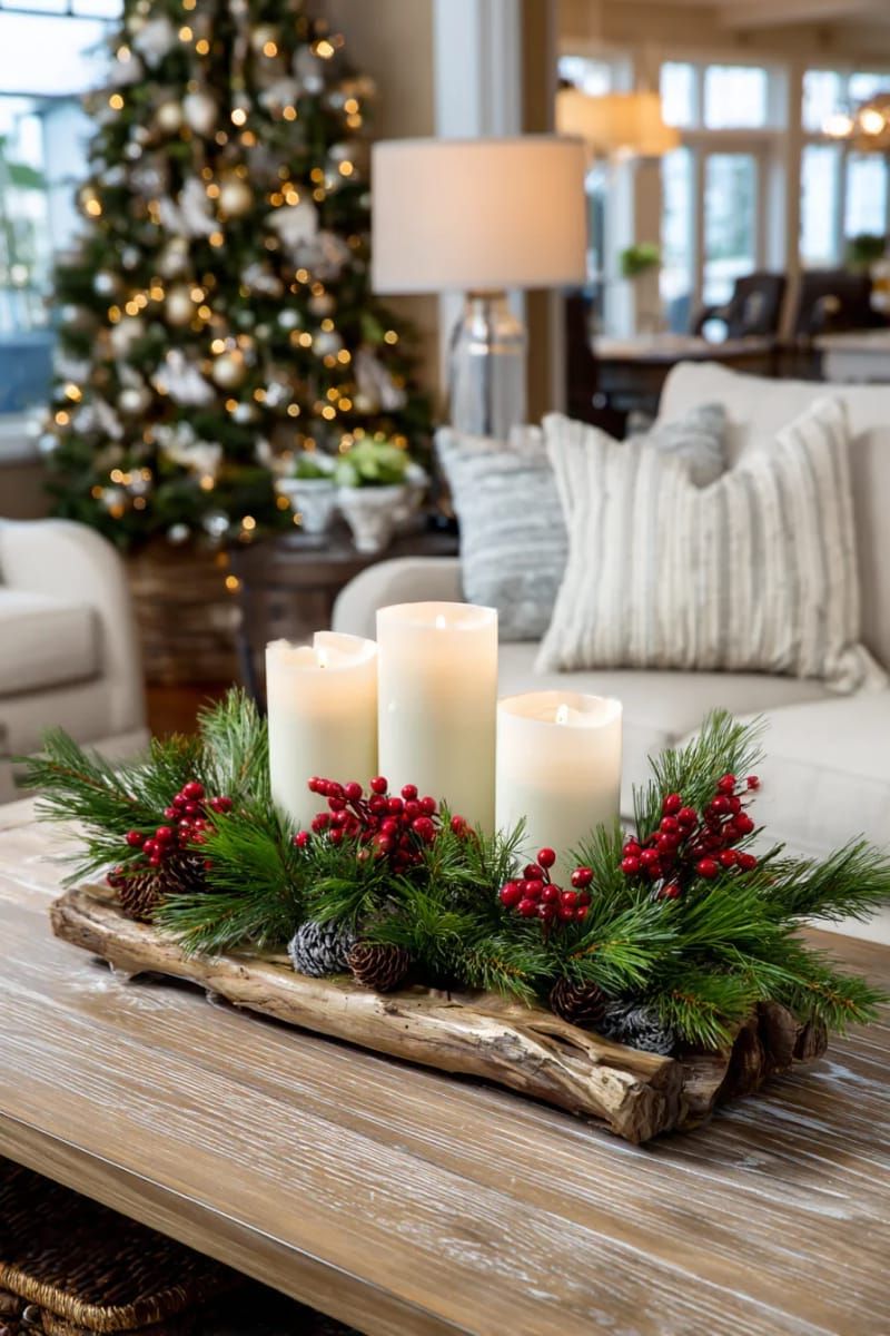 Dazzling DIY Xmas Decor: 31 Must-Try Ideas 60 nature-inspired centerpiece with pine branches, candles, and cranberries 1