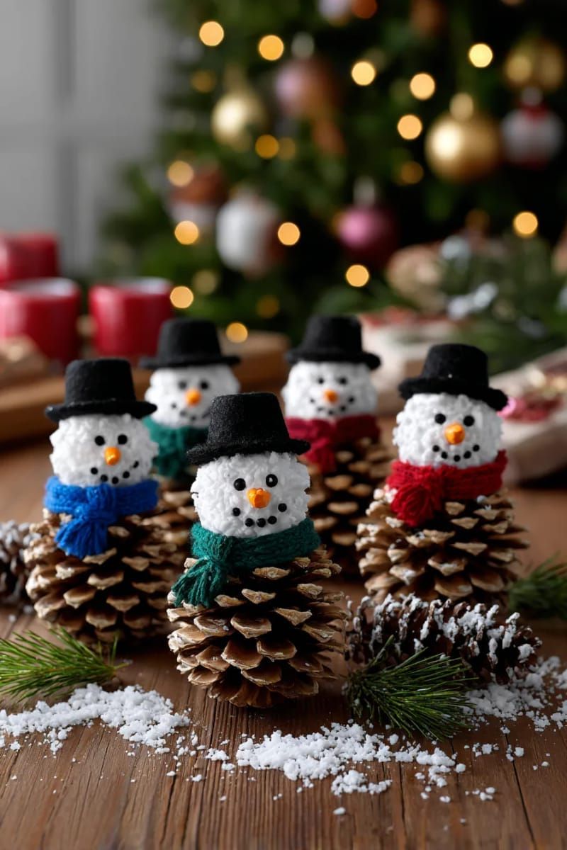 Dazzling DIY Xmas Decor: 31 Must-Try Ideas 49 pinecone snowman family with felt scarves and button hats 1
