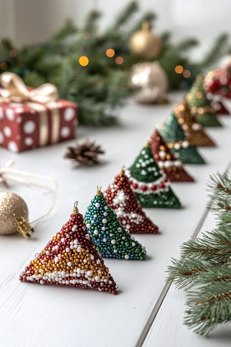 Dazzling DIY Xmas Decor: 31 Must-Try Ideas 6 beaded triangle trees strung together for a playful room garland 1