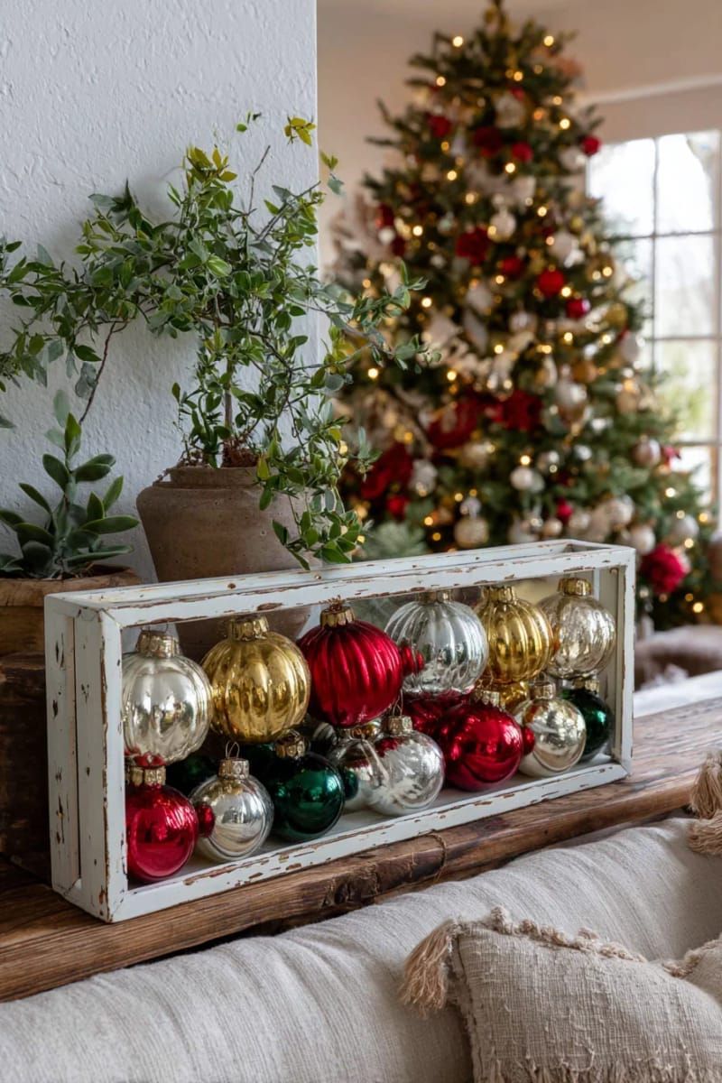 Dazzling DIY Xmas Decor: 31 Must-Try Ideas 44 framed ornament shadow box featuring vintage balls and velvet ribbon 1