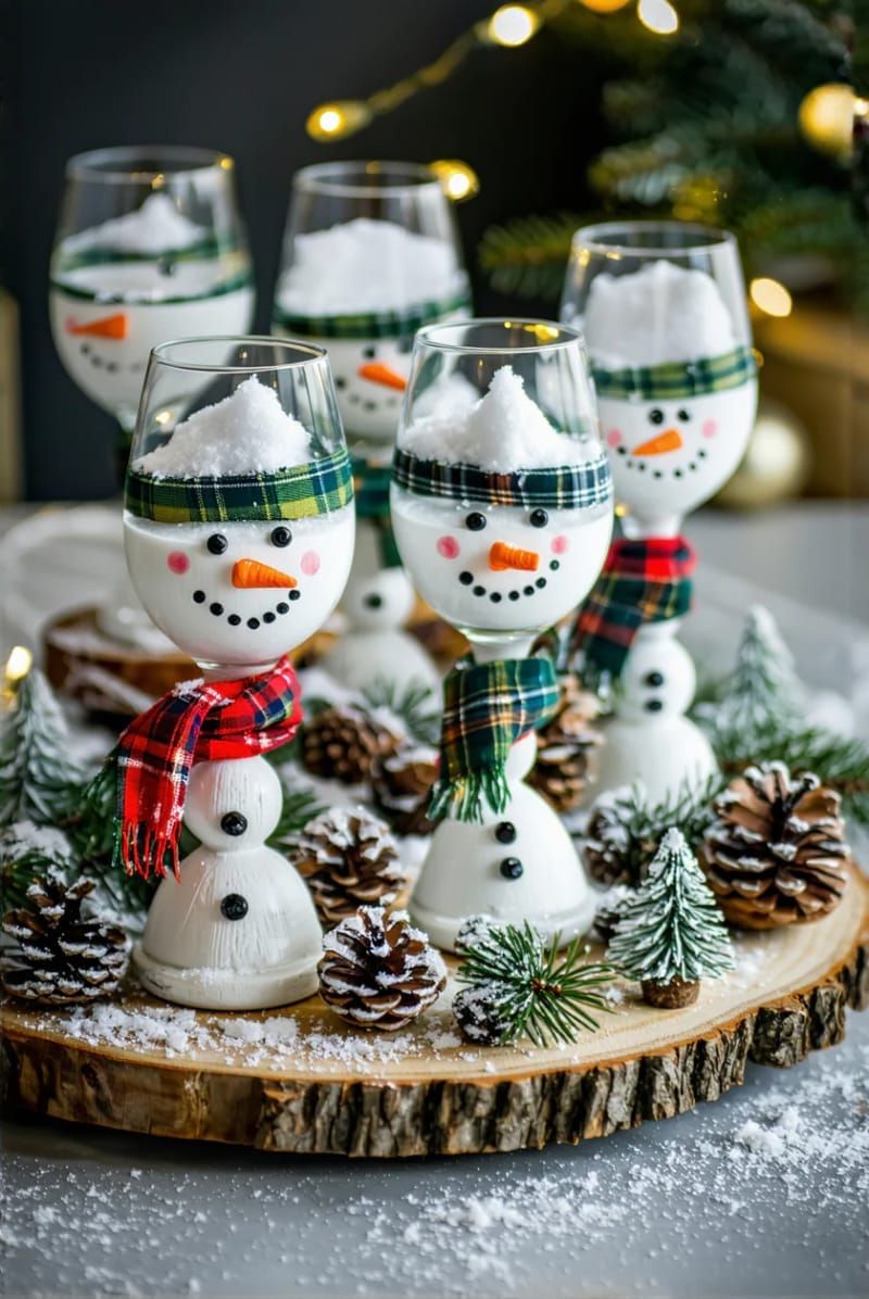Dazzling DIY Xmas Decor: 31 Must-Try Ideas 54 wine glass snowmen with painted faces and mini scarves 1