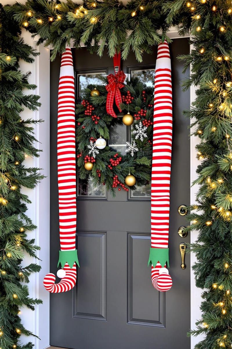 Dazzling DIY Xmas Decor: 31 Must-Try Ideas 22 hanging elf legs from door corners for whimsical entryway cheer 1
