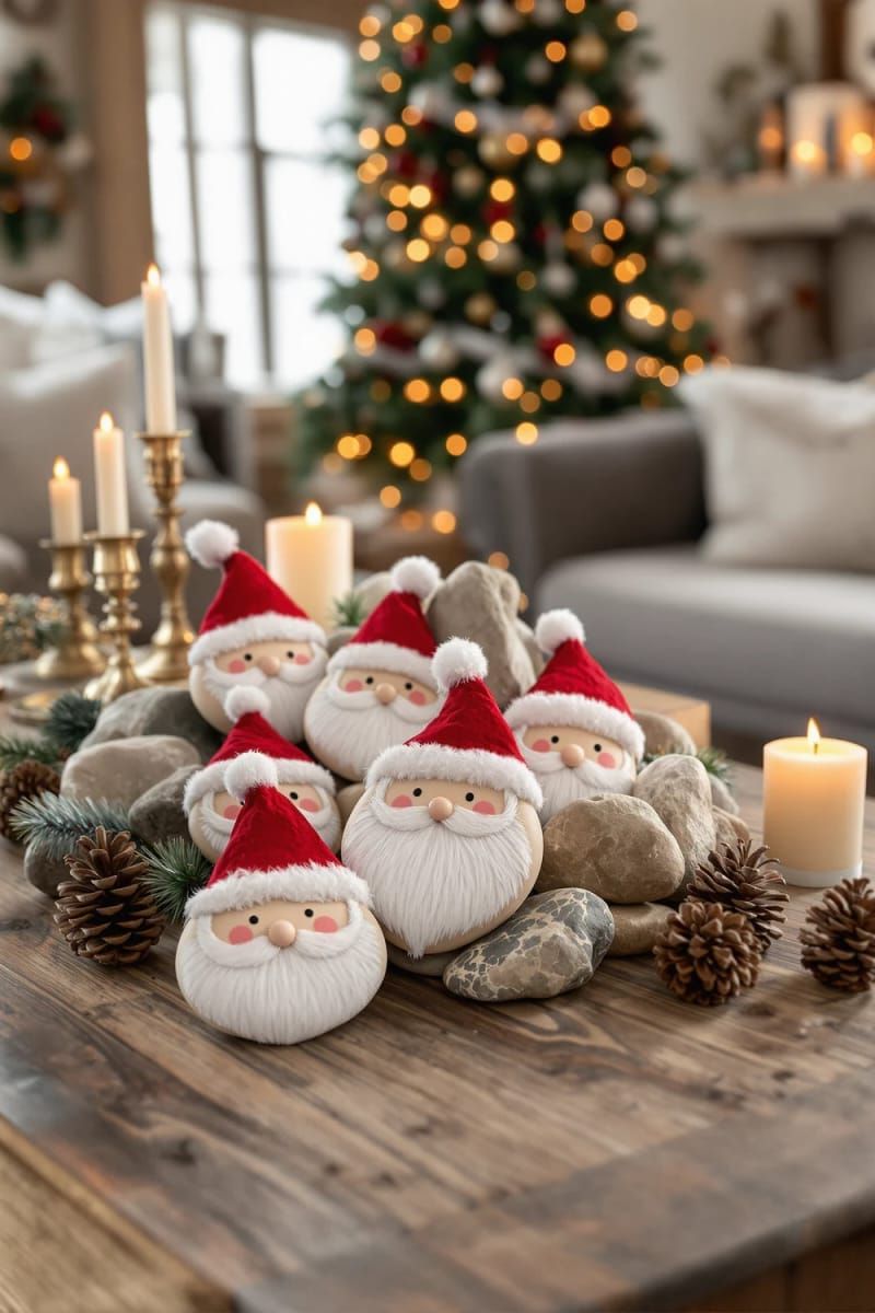 Dazzling DIY Xmas Decor: 31 Must-Try Ideas 12 santa stone faces painted on smooth river rocks for mantel decor 1