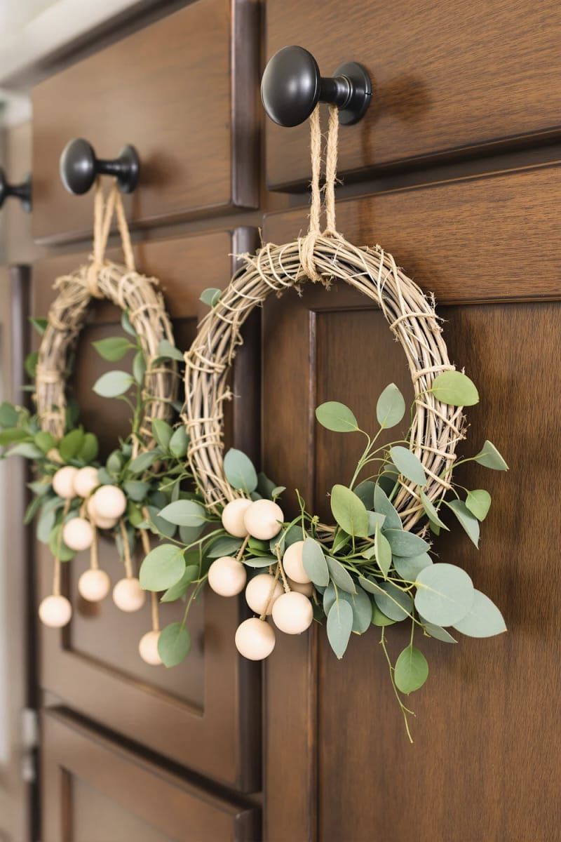 Dazzling DIY Xmas Decor: 31 Must-Try Ideas 10 mini rustic wreaths with eucalyptus and wooden beads for natural vibes 1