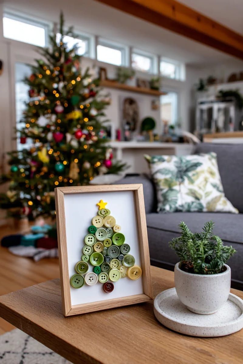 Dazzling DIY Xmas Decor: 31 Must-Try Ideas 56 framed mini christmas tree made from layered green buttons 1