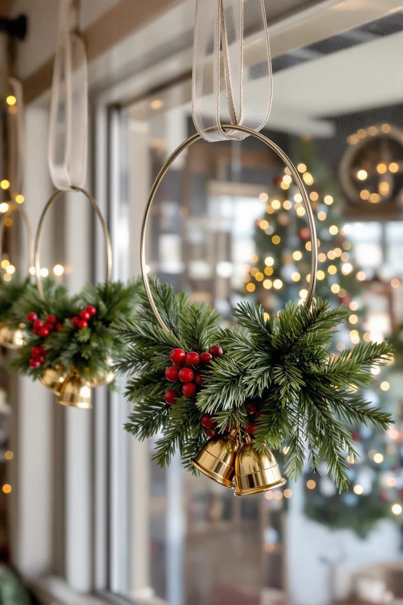 Dazzling DIY Xmas Decor: 31 Must-Try Ideas 29 circular “floating” hoop wreaths with pine, berries, and metallic bells 1