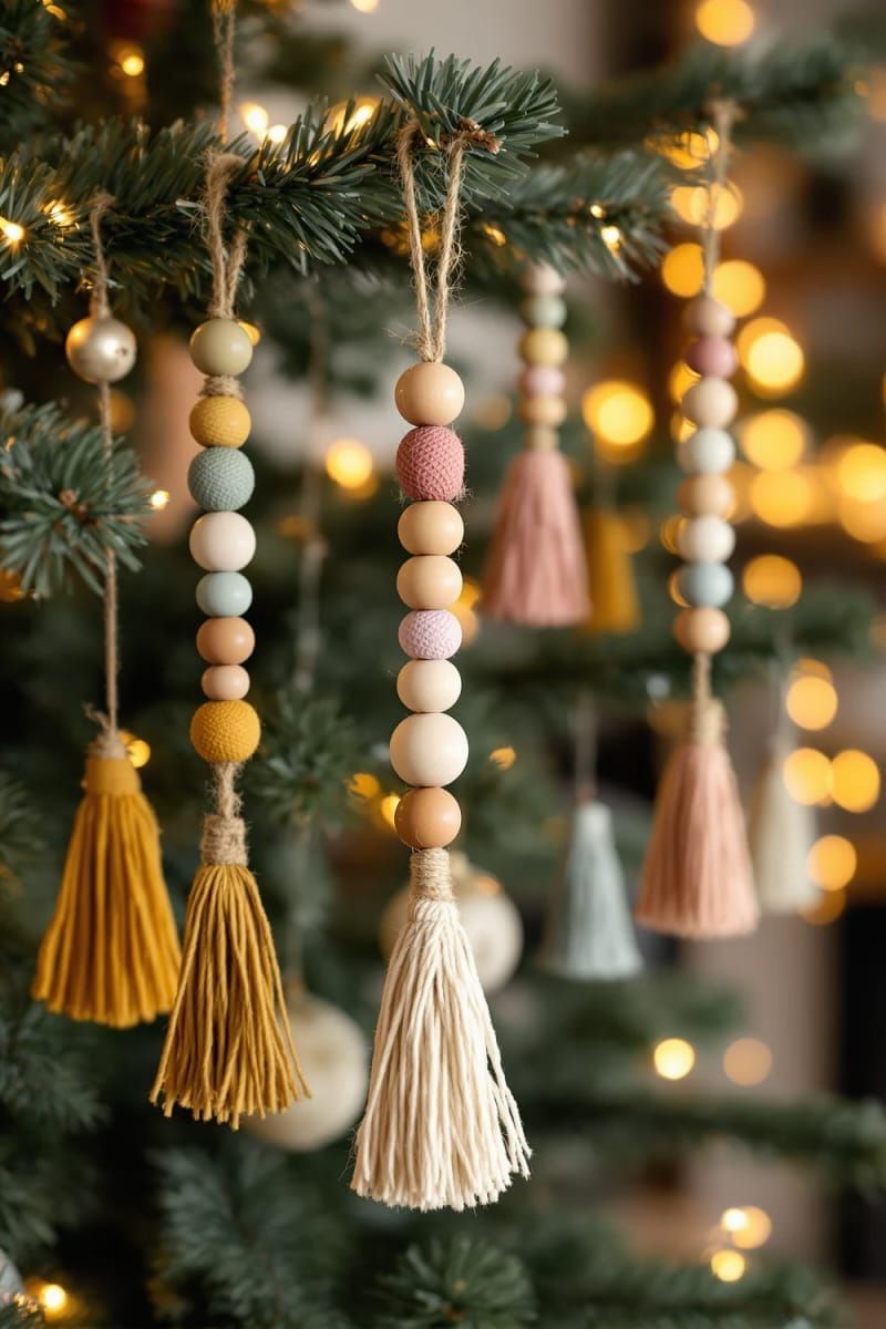 Dazzling DIY Xmas Decor: 31 Must-Try Ideas 52 wooden bead and tassel tree ornaments in boho colors 1