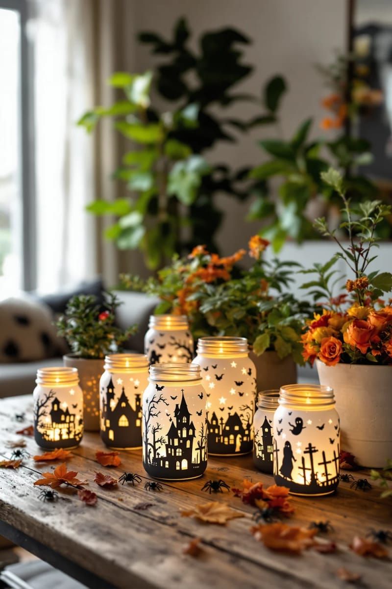 Spooky Chic: 21 Must-Try Halloween Party Decor Ideas! 36 glowing mason jar lanterns painted with ghostly scenes 1