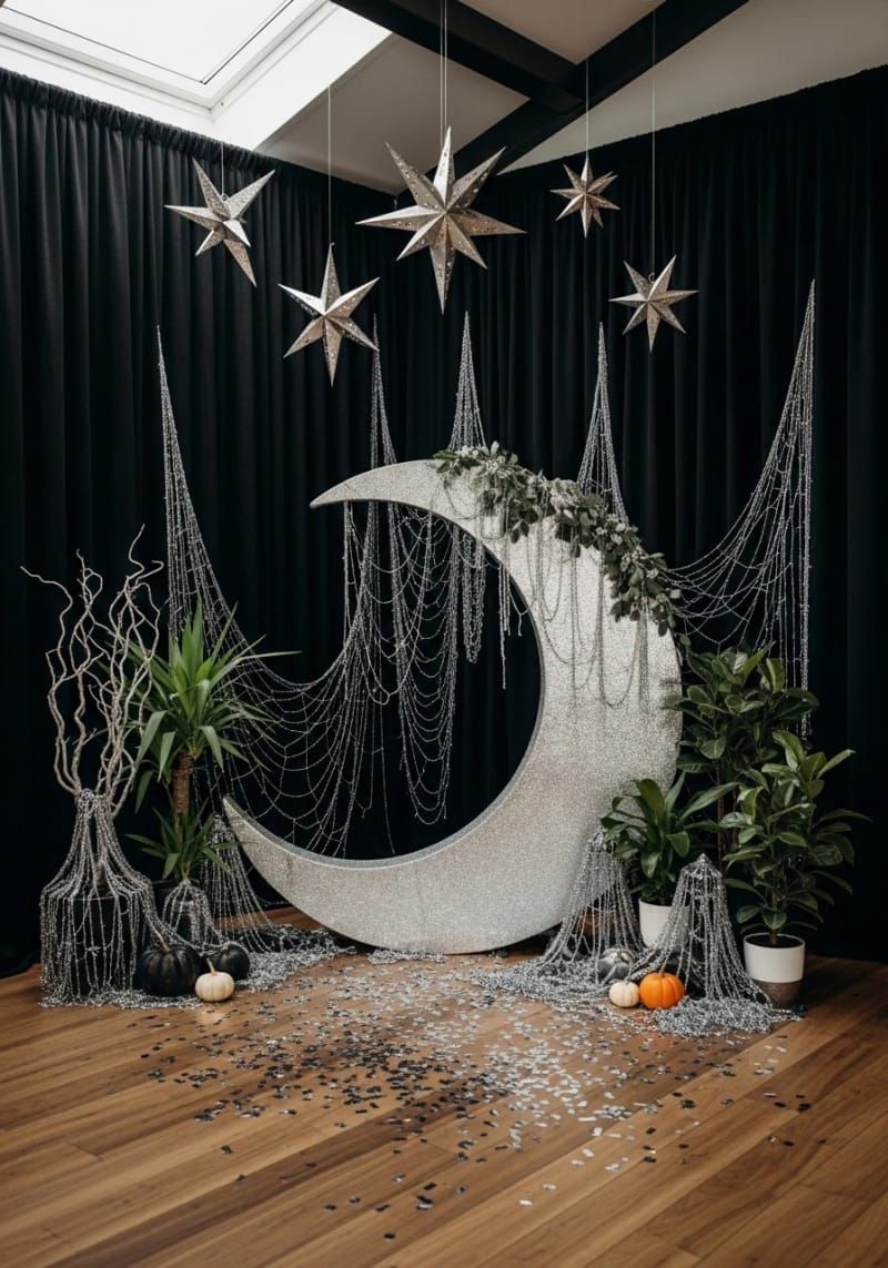 Spooky Chic: 21 Must-Try Halloween Party Decor Ideas! 11 diy crescent moon photo booth with shimmering silver cobwebs 1