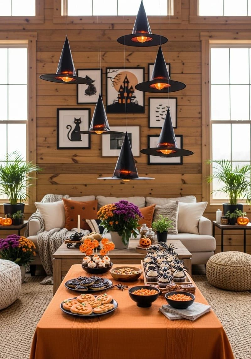 Spooky Chic: 21 Must-Try Halloween Party Decor Ideas! 2 floating witch hats glowing with hidden led lights above the snack table 1