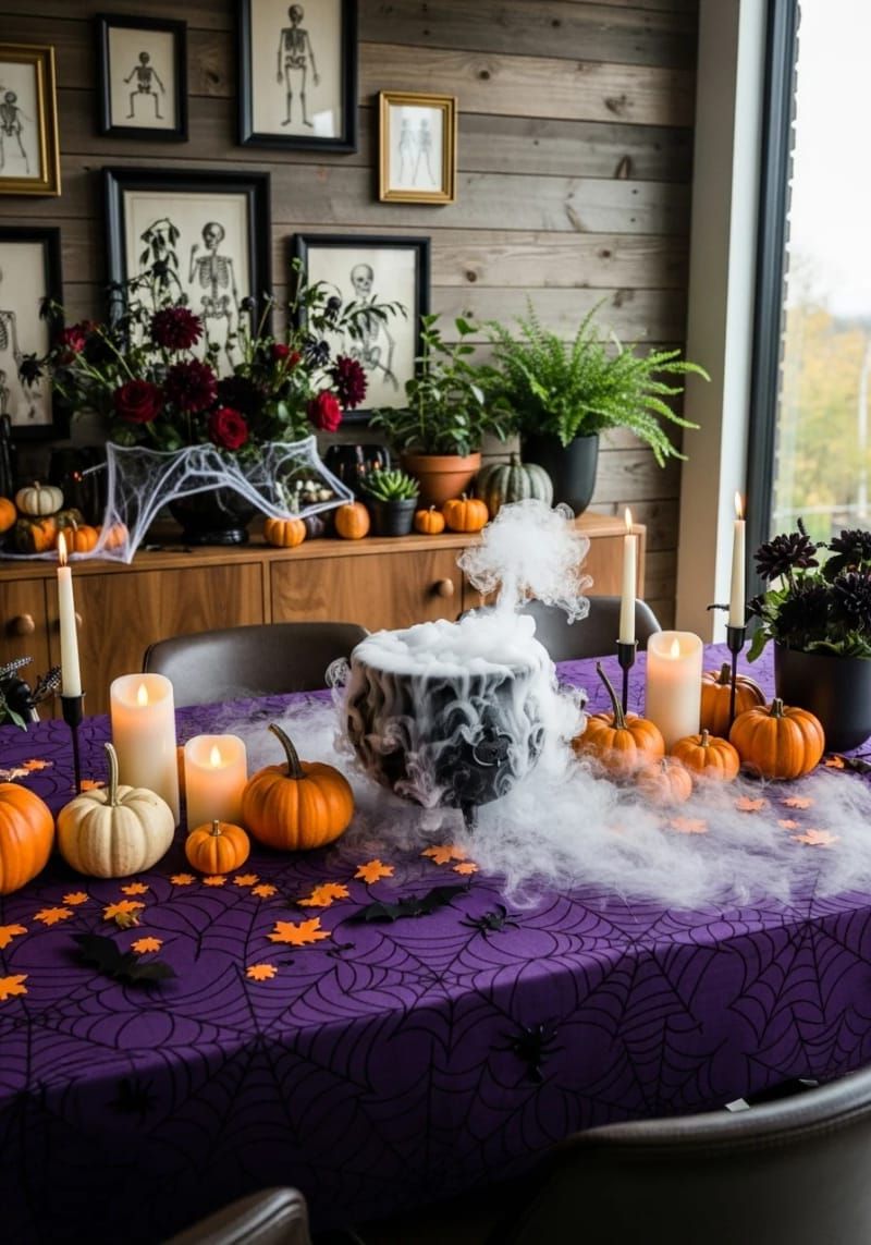Spooky Chic: 21 Must-Try Halloween Party Decor Ideas! 41 smoke-filled cauldron centerpiece with dry ice effects 1