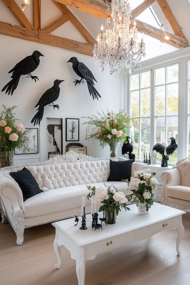 Spooky Chic: 21 Must-Try Halloween Party Decor Ideas! 8 oversized black paper ravens perched on chandeliers and window sills 1