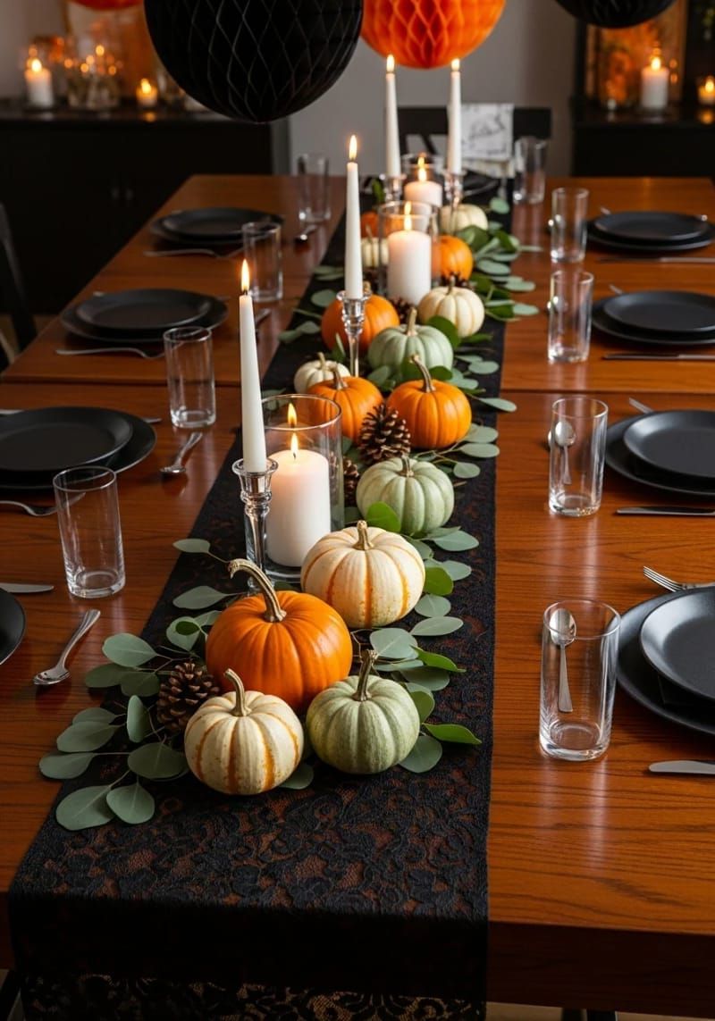 Spooky Chic: 21 Must-Try Halloween Party Decor Ideas! 22 elegant black lace table runners with mini pumpkin arrangements 1