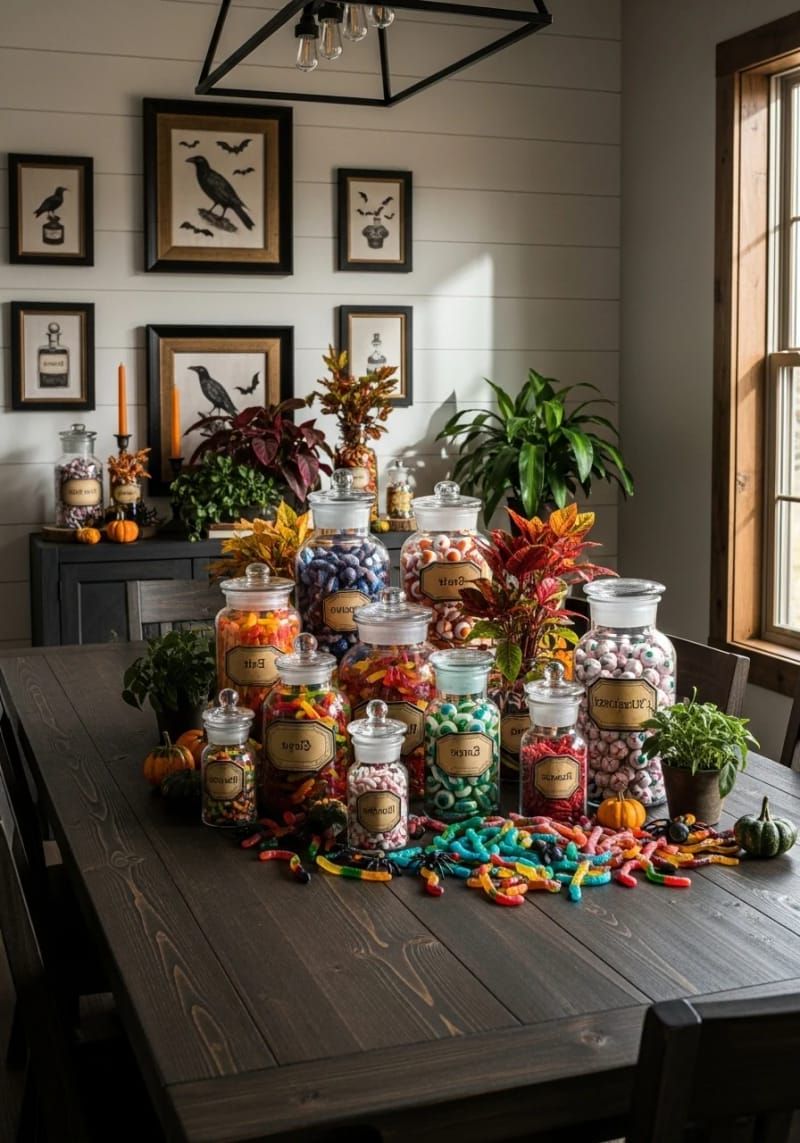Spooky Chic: 21 Must-Try Halloween Party Decor Ideas! 7 vintage apothecary jars filled with candy eyeballs and edible insects 1