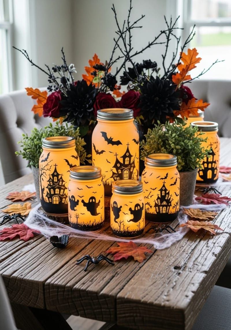 Spooky Chic: 21 Must-Try Halloween Party Decor Ideas! 35 glowing mason jar lanterns painted with ghostly scenes 1