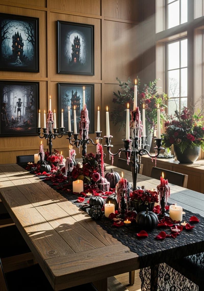 Spooky Chic: 21 Must-Try Halloween Party Decor Ideas! 38 gothic candelabras with dripping blood-red wax 1