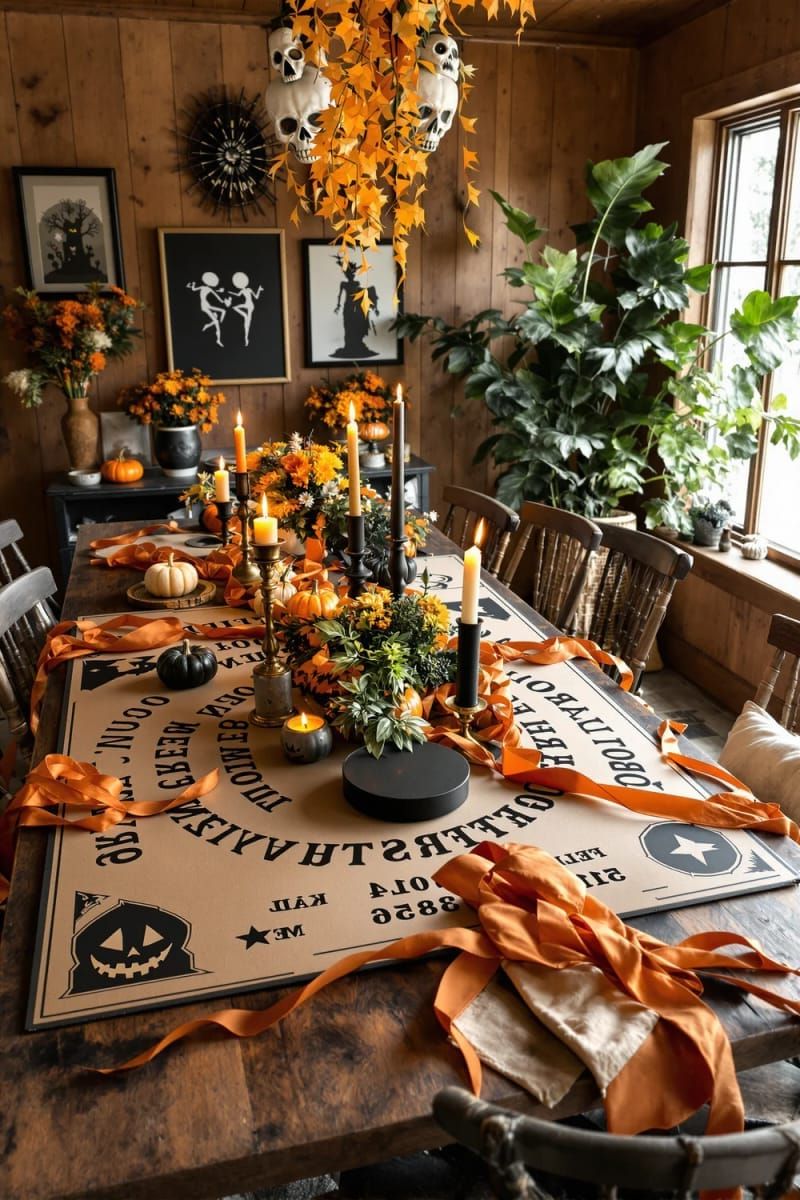 Spooky Chic: 21 Must-Try Halloween Party Decor Ideas! 18 giant cardboard ouija board centerpiece for the dining table 1