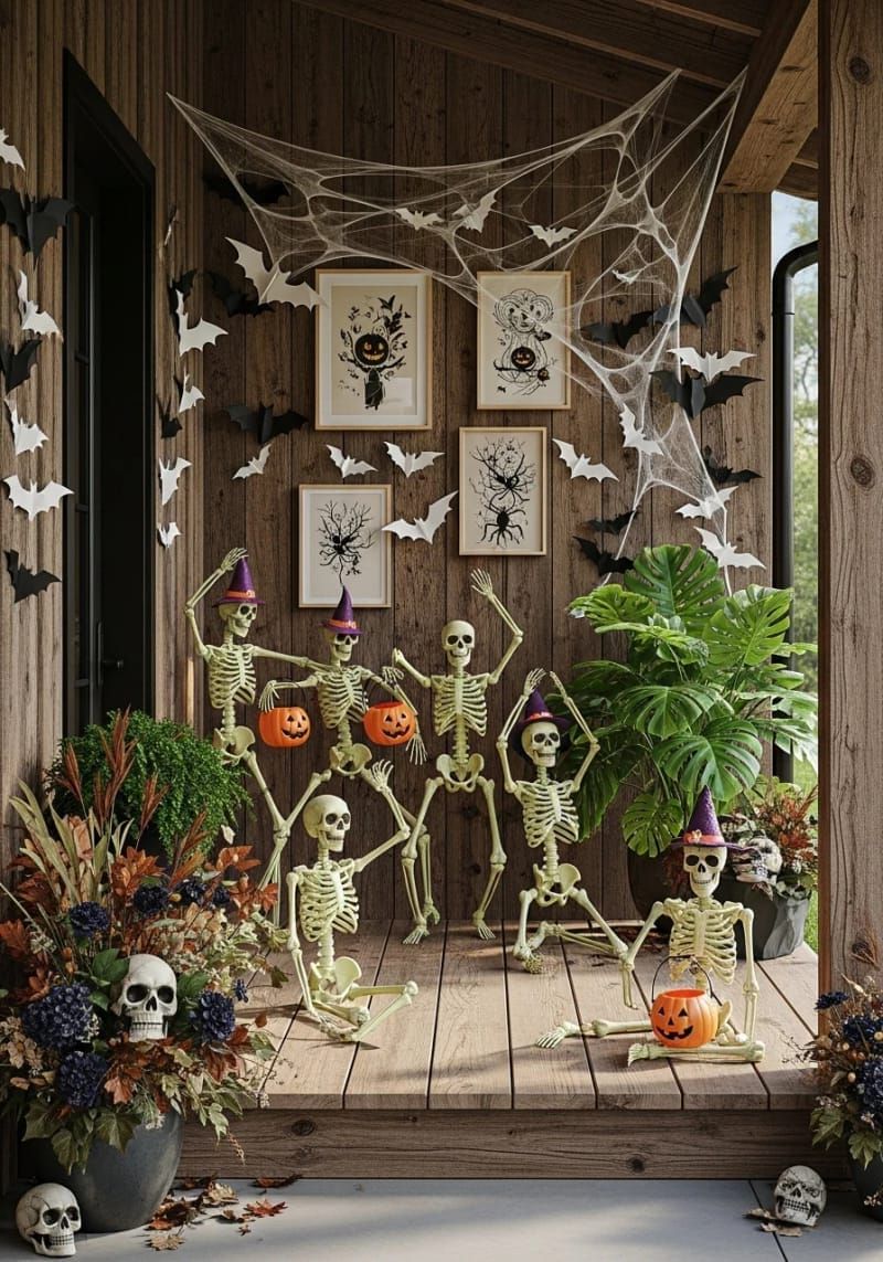 Spooky Chic: 21 Must-Try Halloween Party Decor Ideas! 44 glow-in-the-dark skeletons arranged in playful dance poses 1