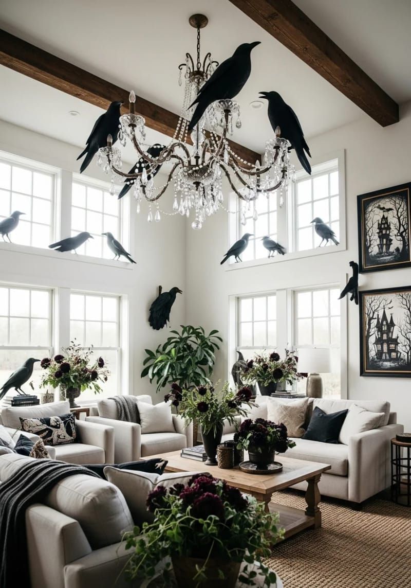 Spooky Chic: 21 Must-Try Halloween Party Decor Ideas! 9 oversized black paper ravens perched on chandeliers and window sills 1