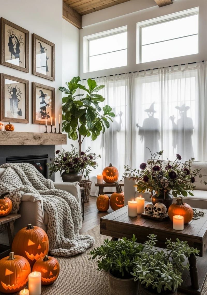 Spooky Chic: 21 Must-Try Halloween Party Decor Ideas! 28 life-size shadow silhouettes lurking behind sheer curtains 1