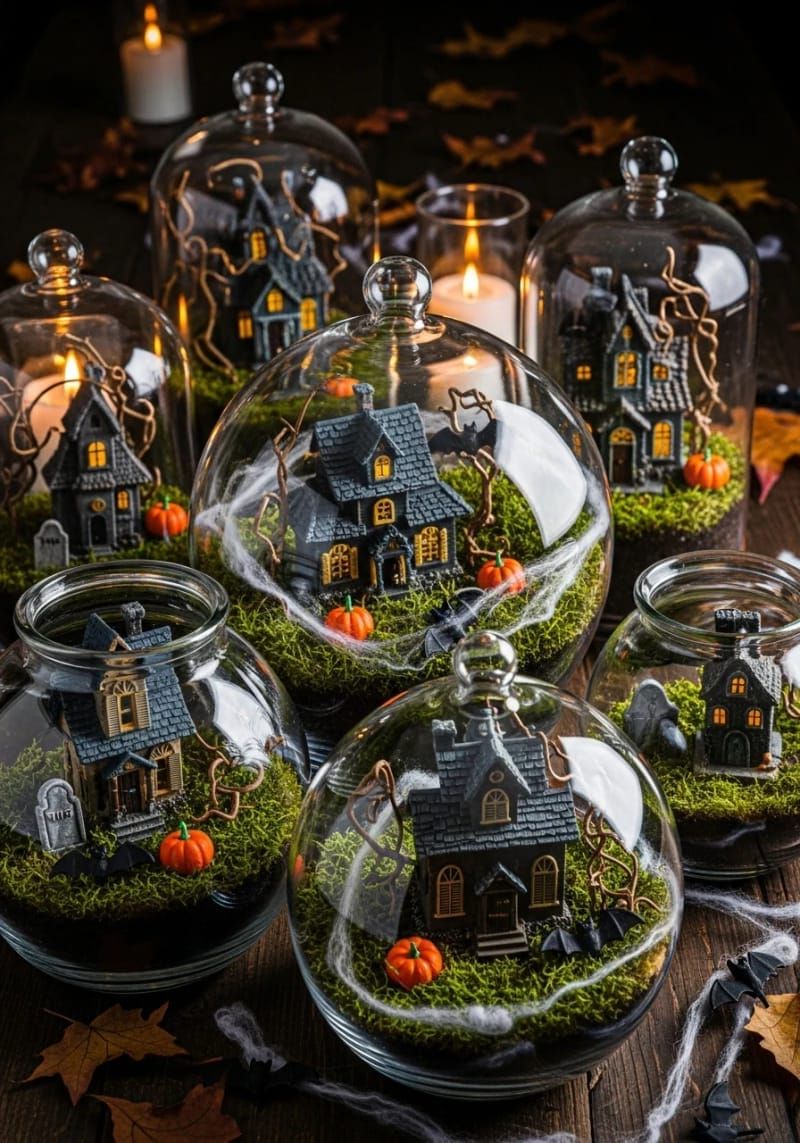 Spooky Chic: 21 Must-Try Halloween Party Decor Ideas! 47 spooky terrariums featuring miniature haunted houses and moss 1