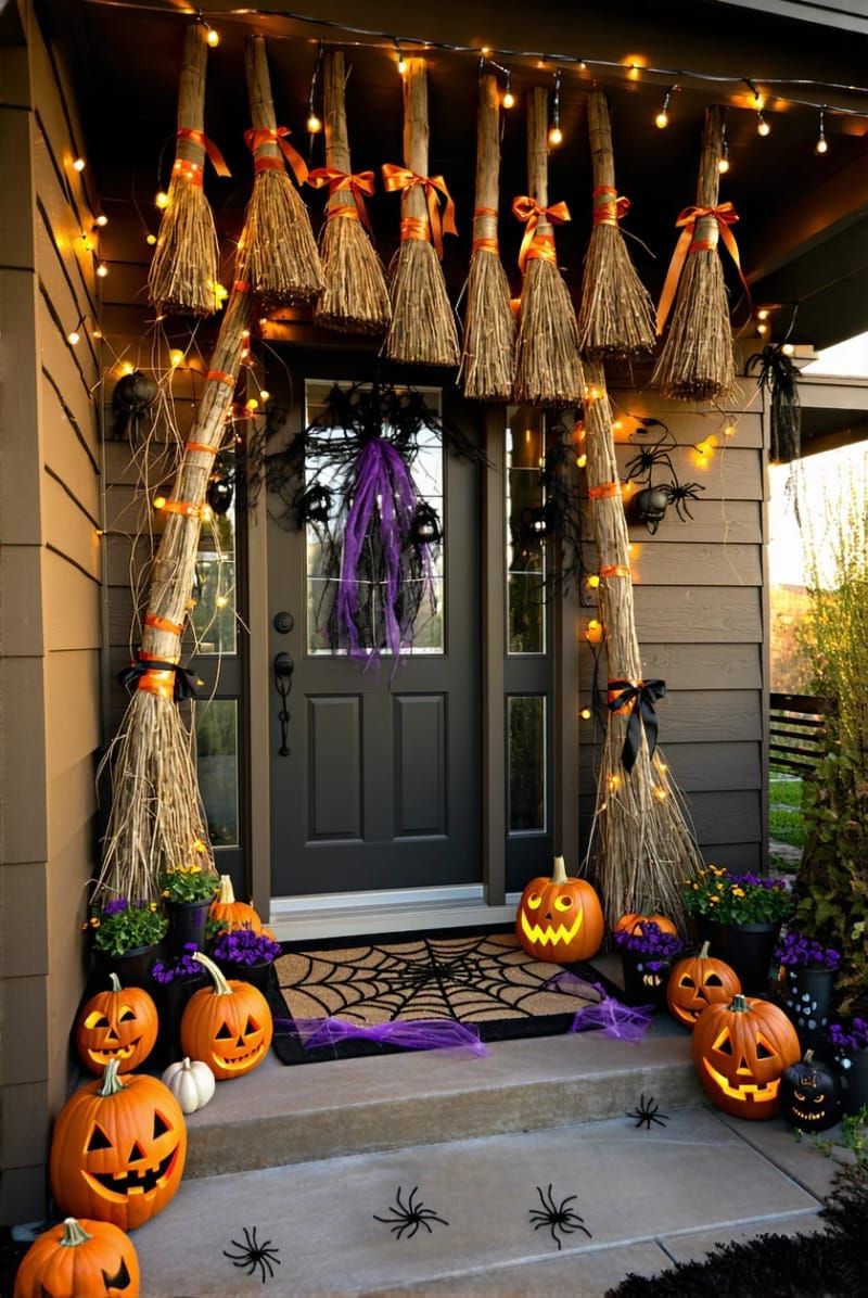 Spooky Chic: 21 Must-Try Halloween Party Decor Ideas! 16 hanging upside-down broomsticks as a magical entryway arch 1