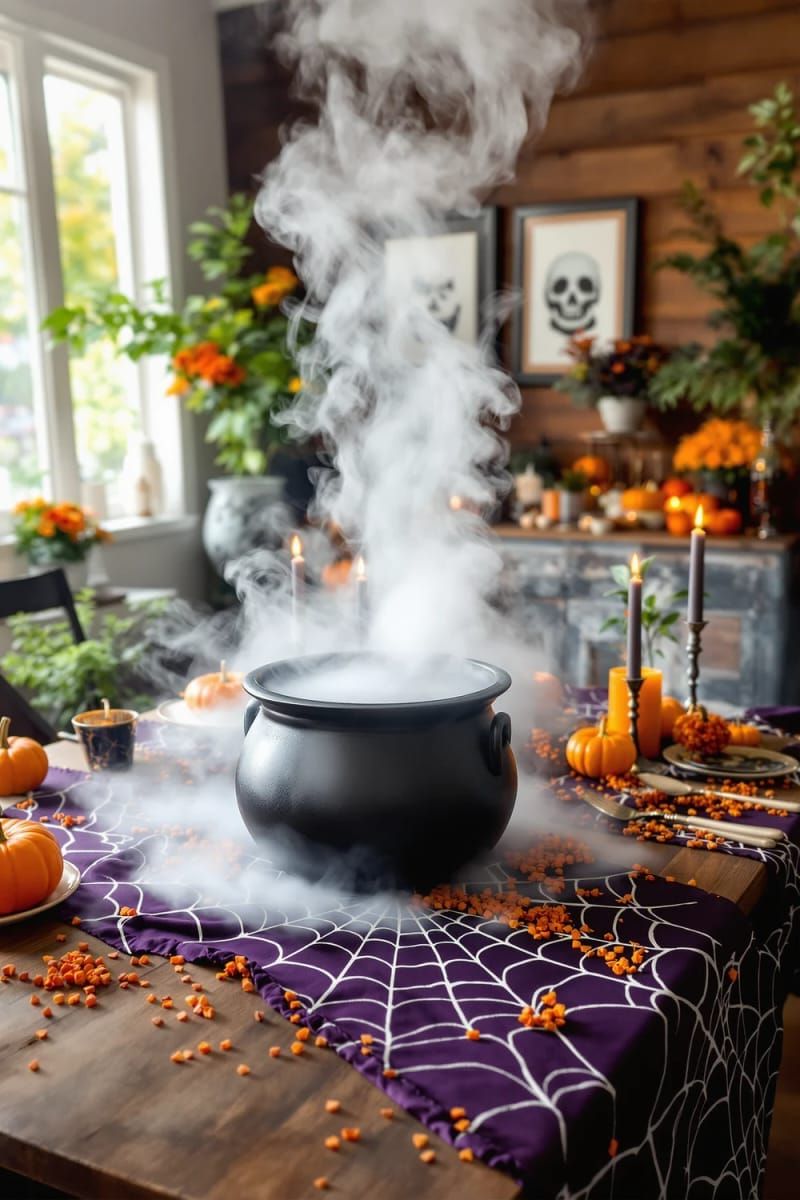 Spooky Chic: 21 Must-Try Halloween Party Decor Ideas! 42 smoke-filled cauldron centerpiece with dry ice effects 1