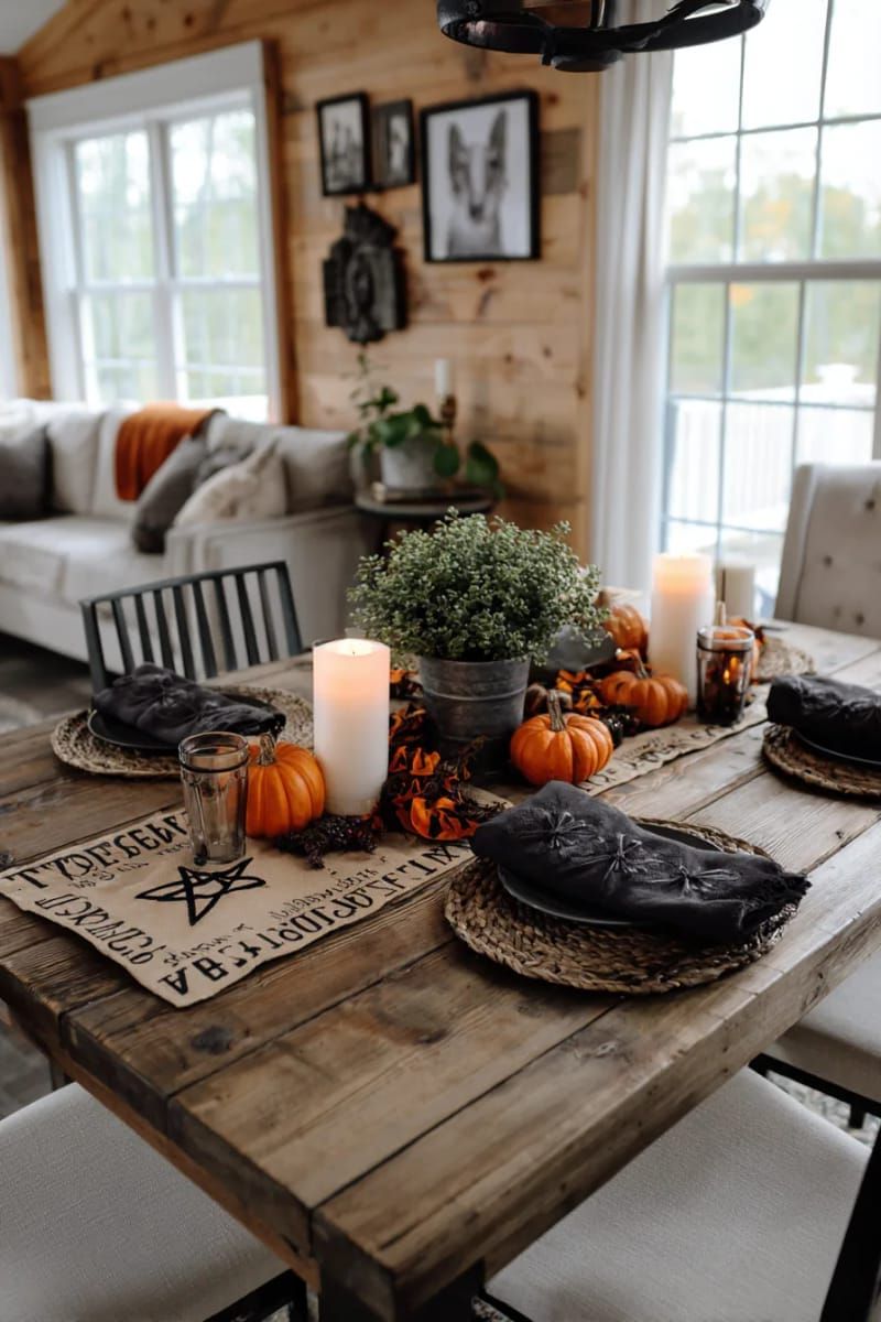 Spooky Chic: 21 Must-Try Halloween Party Decor Ideas! 19 giant cardboard ouija board centerpiece for the dining table 1